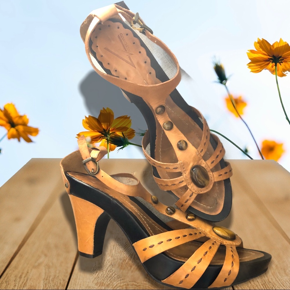 Vince Camuto Tan Leather Tiger Eye Heeled Sandals Size 9.5